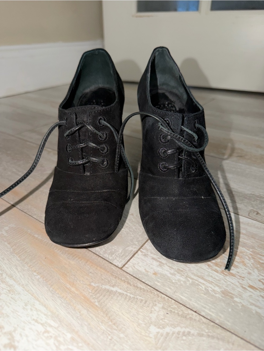 Tory Burch Black Suede Lace-Up Heel Oxfords